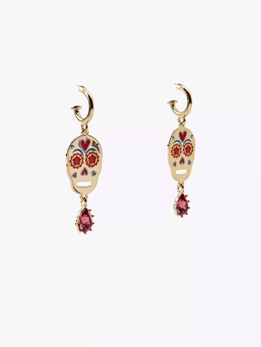 Zara Gold Sugar Skull Drop Earrings with Red Accents